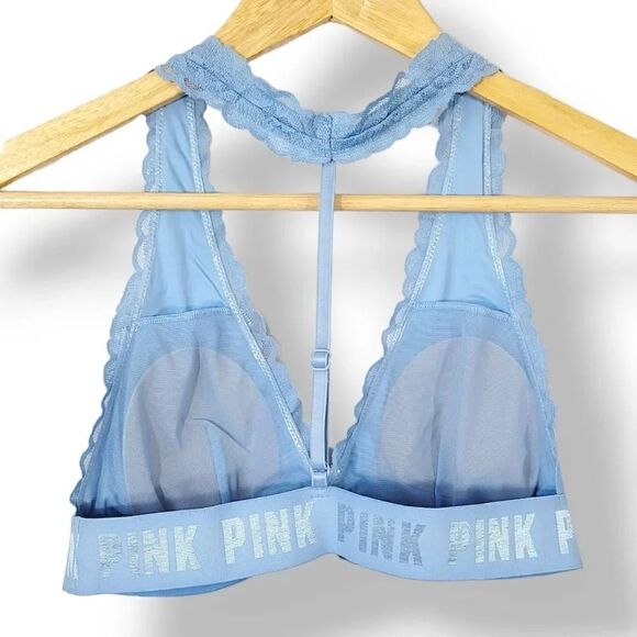 Victoria's Secret Pink Lace T-Strap Logo Bralette in Baby Blue Size Small - Picture 4 of 11